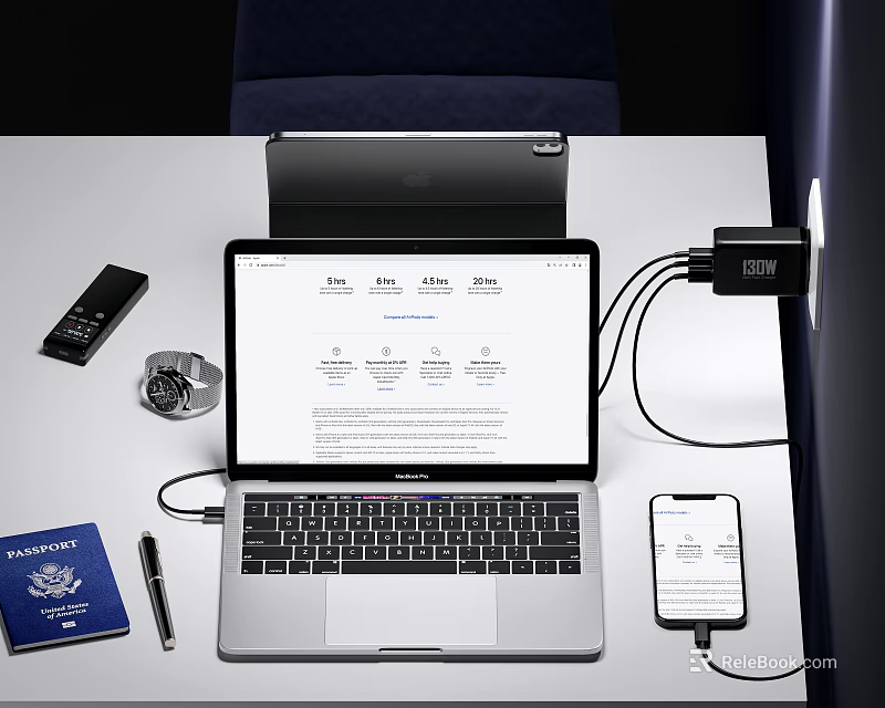 Modern Laptop Work Setup With Connected Smartphone Charger Passport Watch And Pen 3d model 