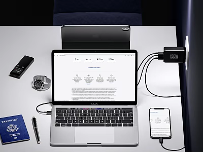 Modern Laptop Work Setup With Connected Smartphone Charger Passport Watch And Pen 3d model