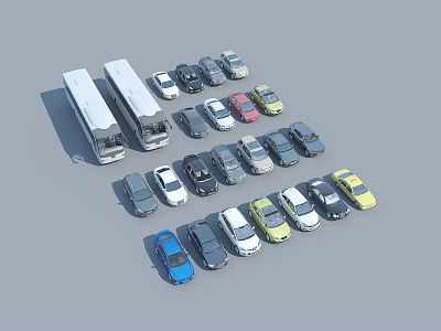 Assorted Cars and Buses Parked in Organized Parking Lot with Various Colors 3d model