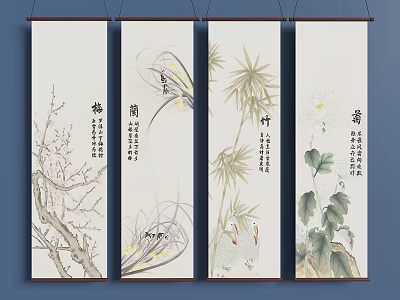 Traditional Chinese Scroll Paintings Featuring Plum Blossom Orchid Bamboo Chrysanthemum And Calligraphy 3d model