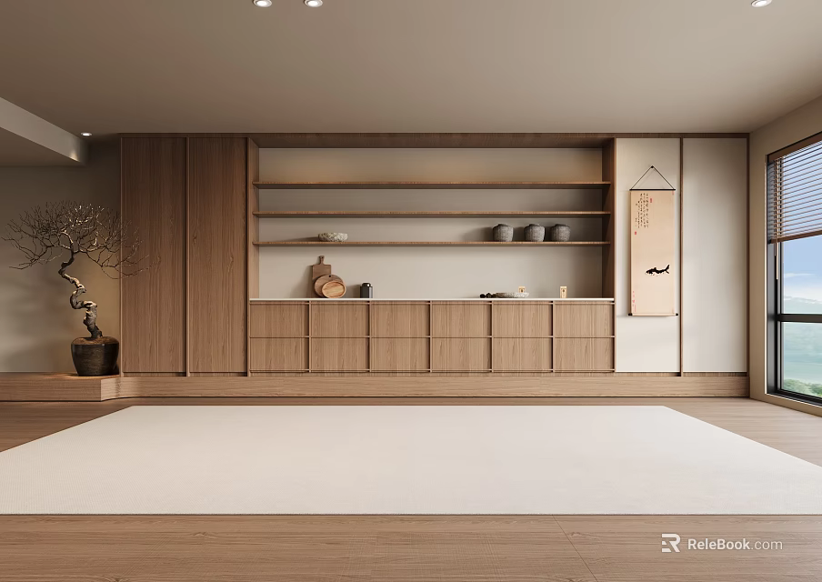 Tranquil Japanese Interior Space With Wooden Shelves Potted Plant And Creamy Floor Rug 3d model 