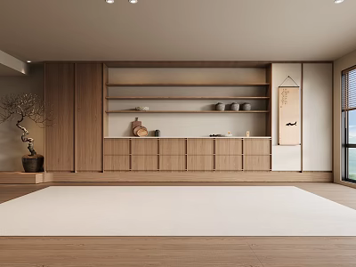 Tranquil Japanese Interior Space With Wooden Shelves Potted Plant And Creamy Floor Rug 3d model