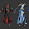 Anime Character Costumes Featuring Red Black Robe And Blue White Armor With Golden Details