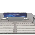 Bright Banquet Hall With Blue Backdrop Screen Podium Audience Seats And Lighting Effects For Conference