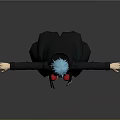 3D Character Model With Blue Hair Black Long Coat Red Shoes And Outstretched Arms