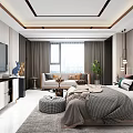 Modern Bedroom Interior With Large Bed Round Mirrors Rug Nightstands And Pendant Lights