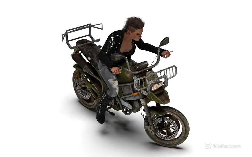 Practical Motorcycle With Front And Rear Racks Ridden By Man In Black Leather Jacket 3d model