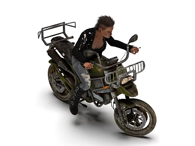 Practical Motorcycle With Front And Rear Racks Ridden By Man In Black Leather Jacket 3d model