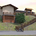Rural Self-built House With Black Roof Stone Pavement And Curved Road Green Trees Wooden Fence