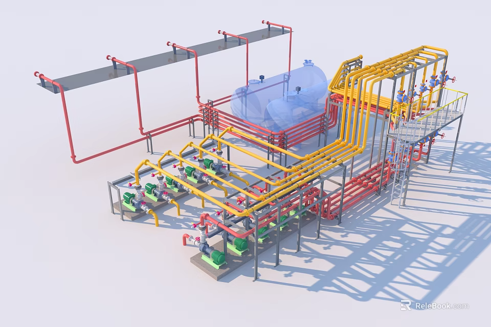 Integrated Industrial Equipment Configuration With Piping Systems Steel Frames Blue Tanks And Pump Units 3d model 