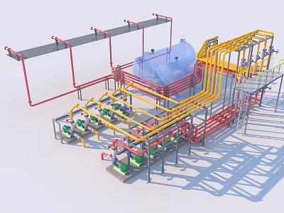 Integrated Industrial Equipment Configuration With Piping Systems Steel Frames Blue Tanks And Pump Units 3d model