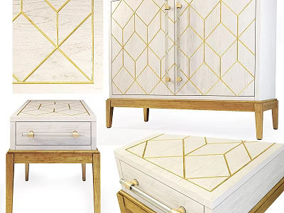 Stylish White Dresser With Geometric Golden Patterns And Wooden Legs Design 3d model