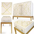 Stylish White Dresser With Geometric Golden Patterns And Wooden Legs Design