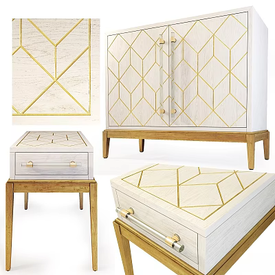 Stylish White Dresser With Geometric Golden Patterns And Wooden Legs Design 3d model