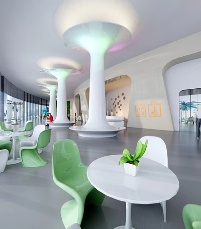Modern Front Desk Reception Area With White Pillars Green Chairs White Tables And Green Plants 3d model