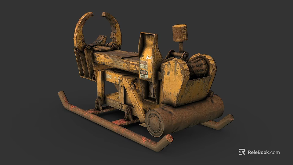 Old Yellow Rusty Industrial Machinery with Roller and Support Frame 3d model 