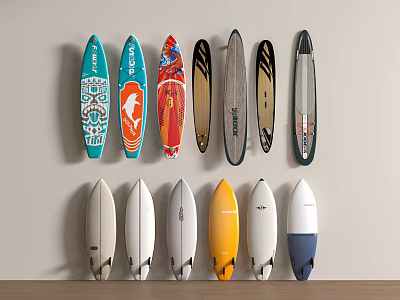 Sports Equipment Colorful Surfboards With Various Designs Wall And Floor Arrangement For 3d model