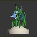 Blue Marine Creature Swimming Among Green Seaweed On White Base With Orange Rim