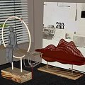 Modern Ornament Decor Combination With Sitting Figure Arched Wooden Stand And Red Mountain Mesh Decor