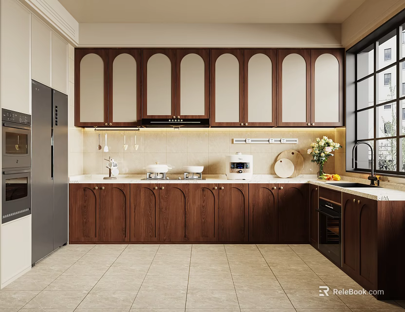 Modern Kitchen Interior With Arched Walnut Cabinets White Countertop Large Window And Appliances 3d model 