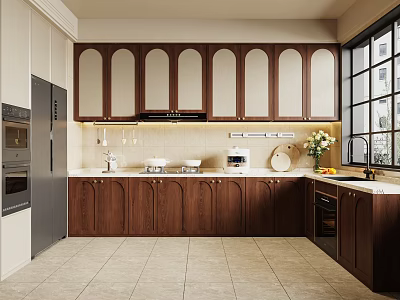Modern Kitchen Interior With Arched Walnut Cabinets White Countertop Large Window And Appliances 3d model