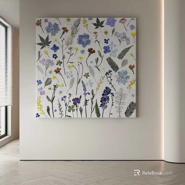 Modern Abstract Painting With Floral Leaves And Vibrant Blue Purple Yellow Flowers For Wall Decor 3d model 