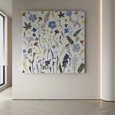 Modern Abstract Painting With Floral Leaves And Vibrant Blue Purple Yellow Flowers For Wall Decor 3d model