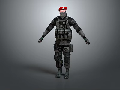 Tactical Character With Red Beret Mask And Black Full Body Tactical Gear 3d model