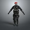 Tactical Character With Red Beret Mask And Black Full Body Tactical Gear