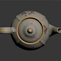 White Ceramic Teapot With Pink Floral Patterns And Gold Trim On Dark Background