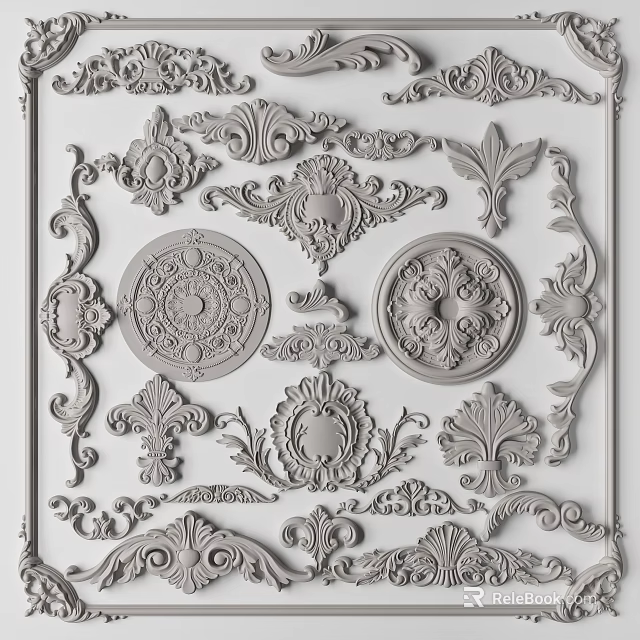 Intricate Decorative Carvings Collection Featuring Floral Patterns Circular Motifs and Ornate Designs 3d model 