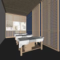 SPA Sauna Interior Featuring Wooden Massage Beds With White Sheets Bamboo Ceiling And Plant Paintings