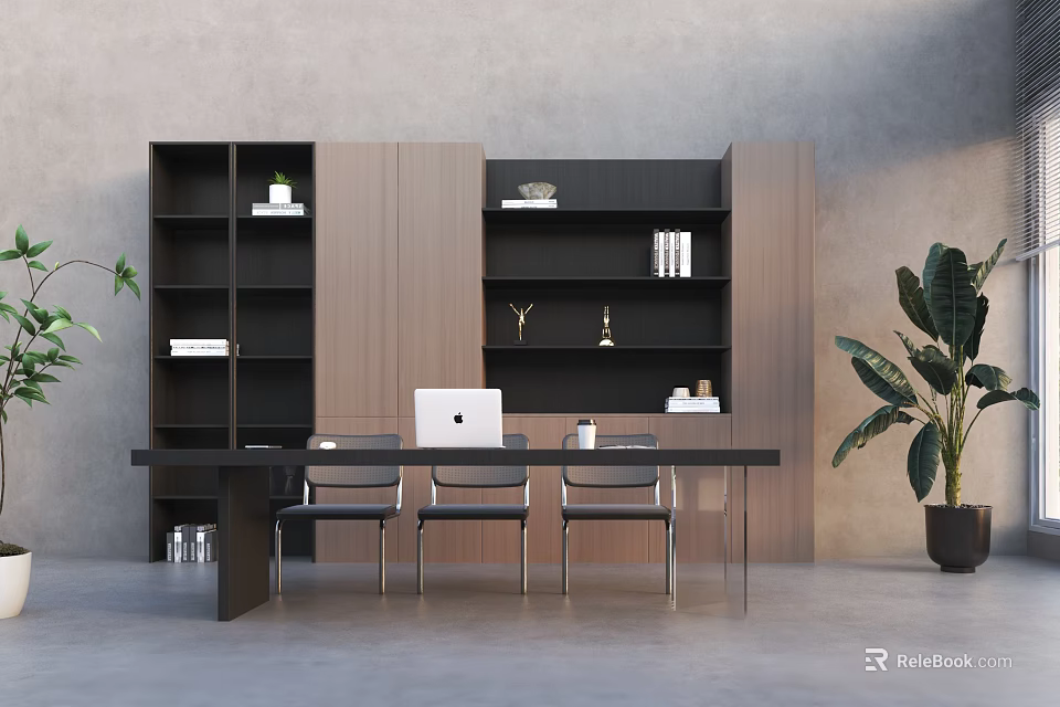 Modern Minimalist Sideboard With Shelves Table Chairs And Potted Plant 3d model 