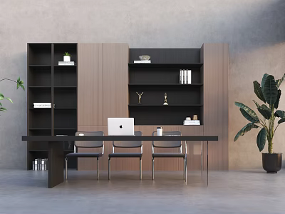 Modern Minimalist Sideboard With Shelves Table Chairs And Potted Plant 3d model