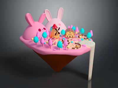 Cartoon Candy Landscape With Pink Ice Cream Cone Rabbit Ear Buildings And Colorful Trees 3d model