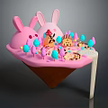 Cartoon Candy Landscape With Pink Ice Cream Cone Rabbit Ear Buildings And Colorful Trees
