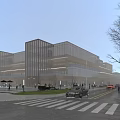 Modern Office Building with Glass Curtain Walls on Urban Street with Cars Pedestrians and Trees