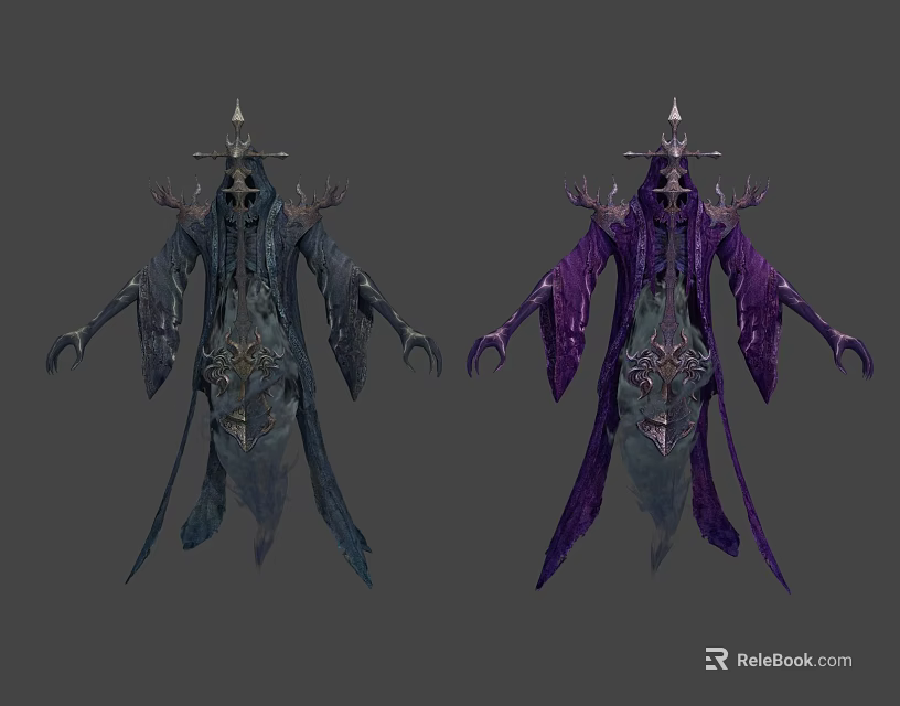 Mystical Tattered Robed Characters Creatures Skull Heads Spiked Crowns Purple Dark Blue 3d model 