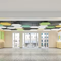 Bright Spacious School Hall with Hexagonal Pendant Lights Windows Colorful Walls and Display Boards