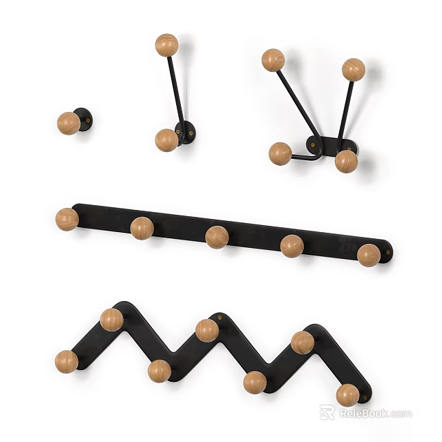 Various Shapes Wall Hooks With Black Metal Frames And Wooden Knobs For Home Decor 3d model 