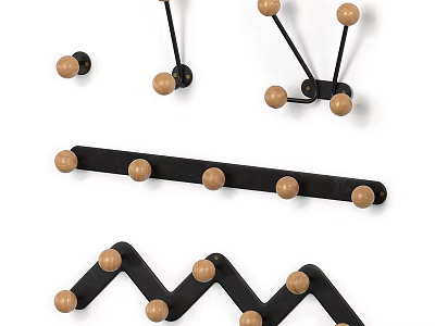 Various Shapes Wall Hooks With Black Metal Frames And Wooden Knobs For Home Decor 3d model