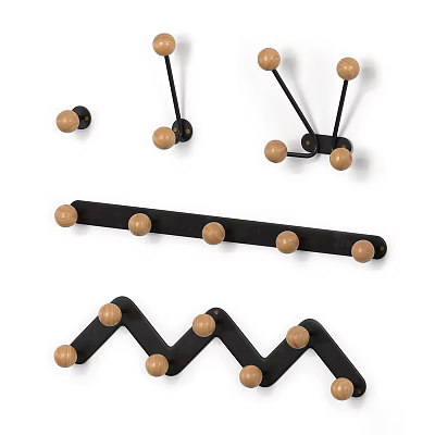 Various Shapes Wall Hooks With Black Metal Frames And Wooden Knobs For Home Decor 3d model