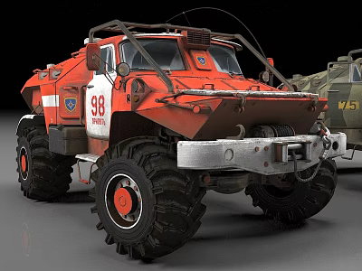 Red Off Road Vehicle With Number 98 Large Tires And Metal Bumper 3d model