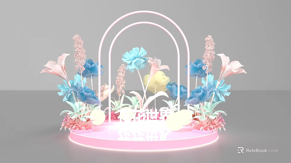 Colorful Flower World Photo Spot With Pink Arch And Neon Lighting 3d model 