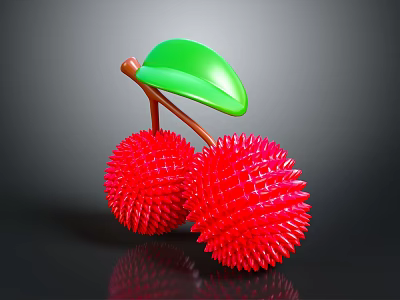 Cartoon Scene Featuring Two Red Spiky Fruits With Green Leaf And Brown Stem 3d model