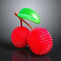 Cartoon Scene Featuring Two Red Spiky Fruits With Green Leaf And Brown Stem