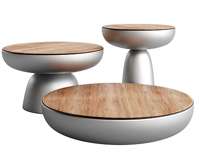 Round Coffee Tables With Wooden Tops And Silver Metal Bases Modern Design 3d model