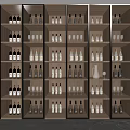 Modern Wooden Wine Cabinet With Layered Shelves Wine Bottles Glasses And Lighting