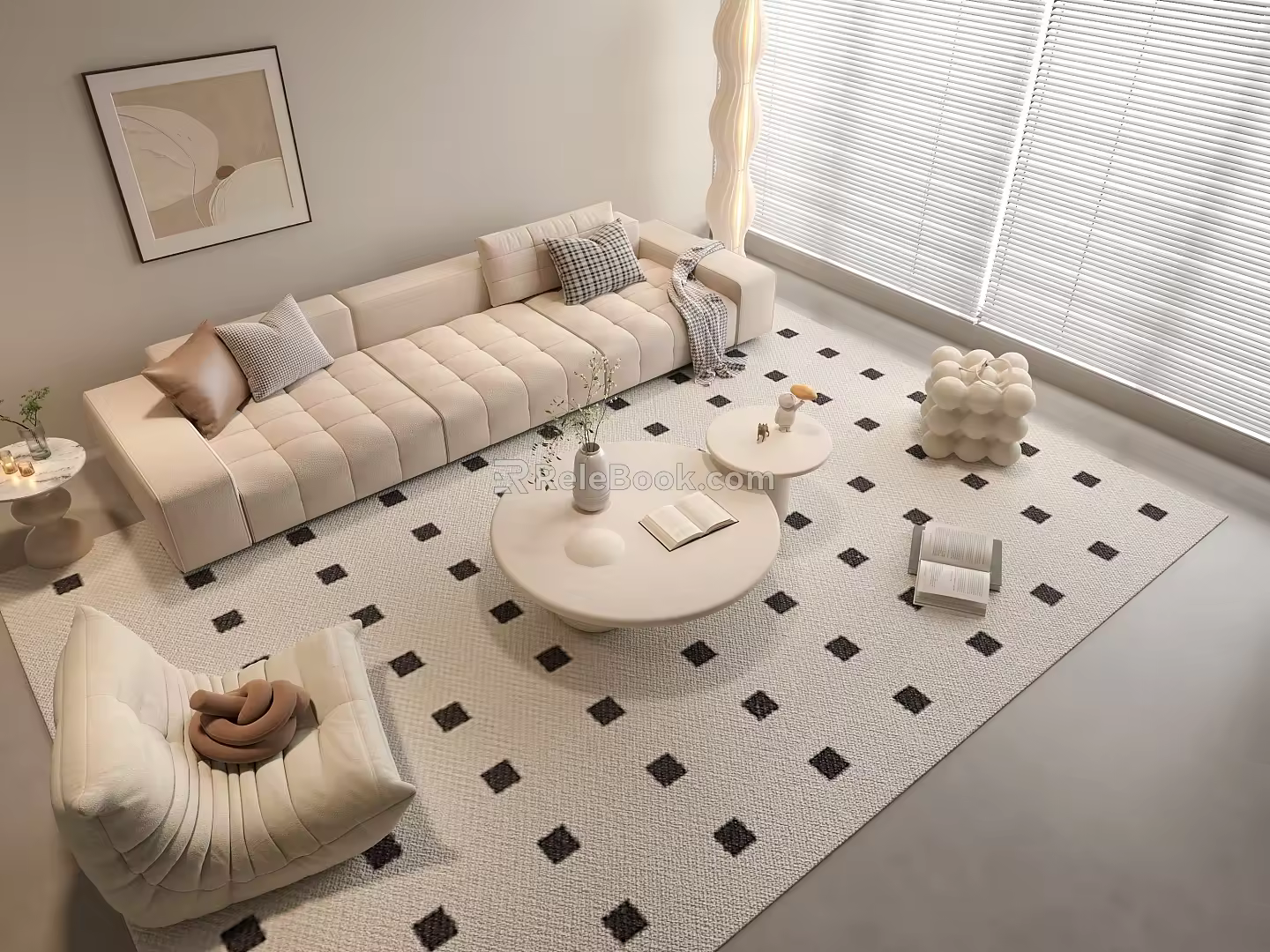 Cream Style Sofa Coffee Table Combination Cream Style Sofa Coffee Table Lazy Sofa Stool Decorative Painting Round Coffee Table 3d model