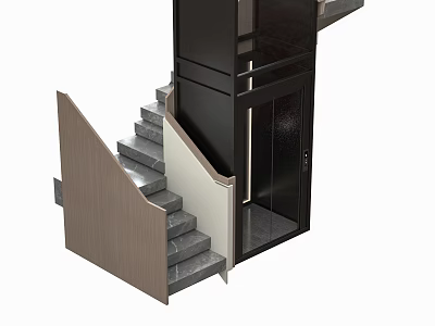 Modern Black Home Elevator With Staircase Gray Steps And Wooden Handrail Design 3d model